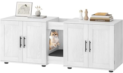 Lidzopas Dual Room Wooden Cat Litter Box Enclosure for 2 Cats - Hidden Cat Washroom Cabinet with Scratching Mat, Storage Cabinet, Waterproof & Easy-Clean Surface, 55 x 17.7 x 22.5, White