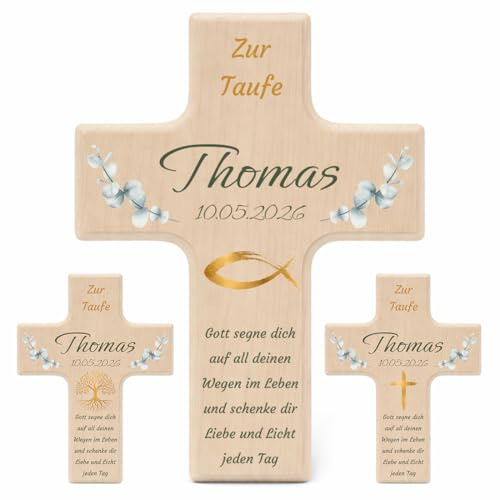 Personalisiertes Kinderkreuz zur Taufe, Kommunion & Konfirmation - Holzkreuz mit Name, Datum & Wunschtext - Christliches Kreuz für Jungen & Mädchen - Kranz Design mit Fisch, Baum oder Kreuz