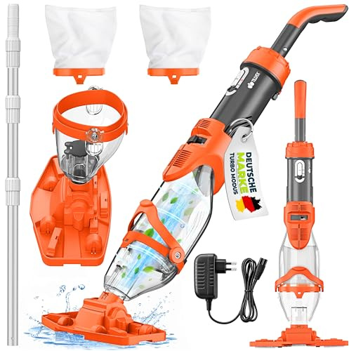 tillvex® Poolsauger mit Akku & Teleskopstange + Ersatzfilter | Bis zu 15 m³ | Pool Bodensauger elektrisch mit Absaugung | Poolreiniger mit Filter & 60 min Laufzeit | Handsauger Reinigungsset kabellos