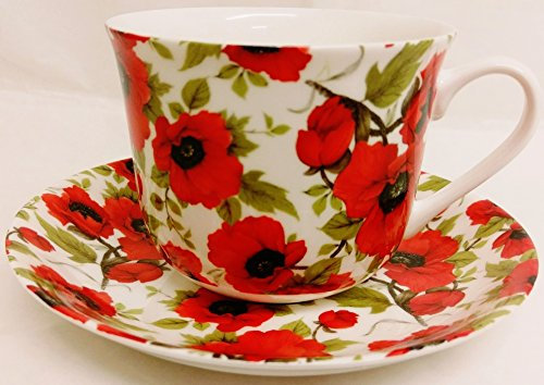 Fromeuropewithlove Red Poppy Breakfast Cup & Saucer Fine Bone China Large Poppies Floral Cup & Saucer Set Hand Decorated in the U.K.