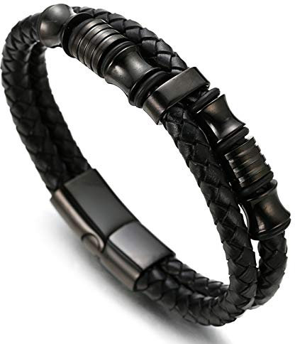 Halukakah ● Schatten ● Herren-Armband Handgefertigt | Echtleder Schwarz | Magnetverschluss Edelstahl in Schwarz | mit Titan Perlen in Schwarz | KOSTENLOS Geschenkbox | Tolle Geschenkidee | 21.5cm