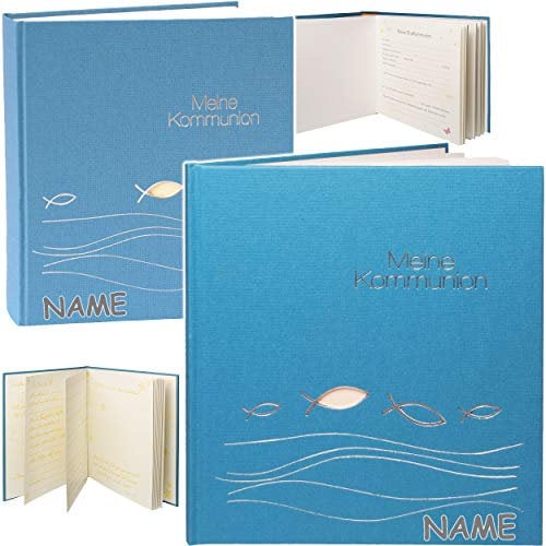 2 TLG. Set: Kommunionsalbum/Erinnerungsalbum Eintragalbum + Fotoalbum - Meine Kommunion inkl. Name - Ichthys - blau - Buch Gebunden - blanko weiß + bunt..