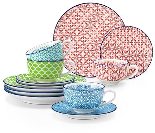 Kaffeeset porzellan, vancasso Macaron 12 teiliges Kaffeeservice bunt für 4-12 Personen, Tassenset, beinhaltet Kaffeetassen, Untertassen und Desserttellern