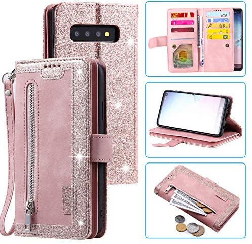 UEEBAI Hülle für Samsung Galaxy S10 Plus, Retro Leder Klapphülle, Roségold | Premium PU Handyhülle Magnetische Lederhülle mit 9 Kartenfächer Standfunktion Geldbörse Trageband Schutzhülle Wallet Case
