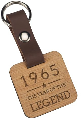 Engraved Wooden Keyring - 1965 Year of the Legend Design - 60th Birthday Gifts for Men Him - Wood and Leather Square Keyring