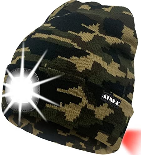 ATNKE 8LED beleuchtete Strickmütze, wiederaufladbare USB-Scheinwerferkappe mit extrem Heller, wasserdichter Lampe und Blinkender Alarm Rotes Rücklicht Multi-Color/Camouflage Green