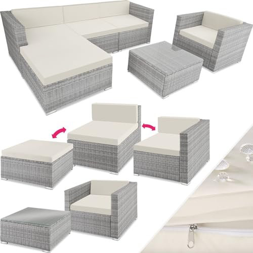 TecTake® Set Rattan Milano, Arredo Giardino Elegante con Poltrone, Panche, Tavolo Vetro - Resistente UV, Struttura Acciaio, Imbottitura Morbida, Versatile - Grigio Chiaro