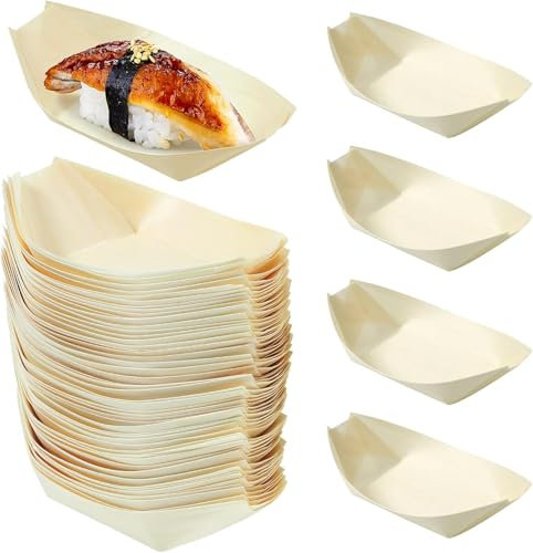 Cabilock Wooden Sushi Serving Tray Disposable Leaf Boat Plate Japanese Sashimi Dishes Food Container Take Out Trays for Restaurant Home Weddings Catering Parties (8.5X 6cm,100PCS)