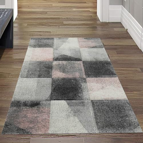 Moderner Läufer Teppich Wohnzimmer Flur abstraktes Karomuster in grau rosa Creme Größe 80x150 cm