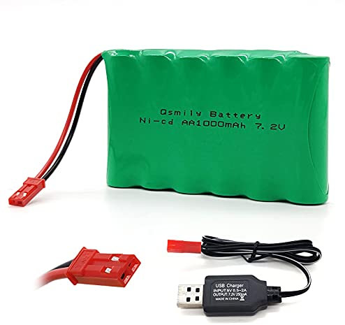 Qsmily® 7.2V Battery Pack, 1000mAh Ni-Cd Rechargeable AA Battery Pack with JST Connector and Charge Cable, Suitable for RC Truck, RC Excavator, RC Toys