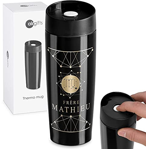 Maverton Thermo Mug Noir pour lui - Thermos Café-Thé - Mug isotherme de 35 cl - Fermeture à Pression - En acier inoxydable - Cadeau d’anniversaire pour chaque homme - Zodiaque