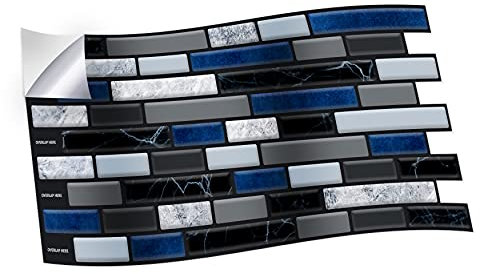 WALPLUS 12pcs(28.5x14cm/11.2x5.5in) 12pcs Lux Touch Grey And Blue Marble Long Mosaic Wall Tile Stickers Peel&Stick Backsplash Vinyl Home Decors Splashback for Kitchen Bathroom Tile Paint Stick on Wall