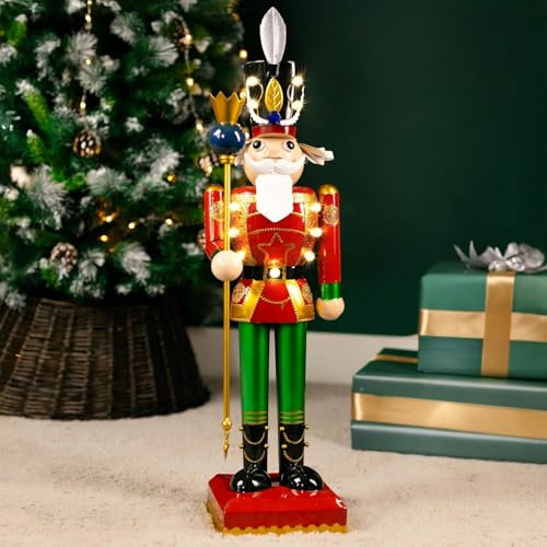Marco Paul 80cm Red Nutcracker Soldier Statue with LED Lights - Battery Operated Hand-Painted Christmas Decor - Metal InLit Indoor Nutcracker Ornaments for Christmas Decorations