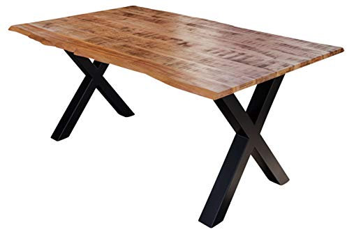 SAM Esstisch Dora 160 x 85 cm, Mangoholz massiv, lackiert & naturfarben, Baumkantentisch mit X-Metallgestell in Mattschwarz, echte Baumkante, 26 mm