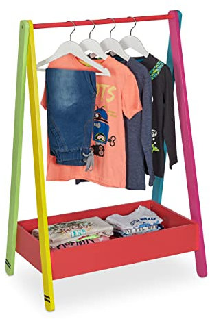 Relaxdays, bunt Kinder Kleiderständer, Kleiderstange für Kinderzimmer, mit Ablage, HBT: 99x64,5x42 cm, Kindergarderobe, Faserplatte