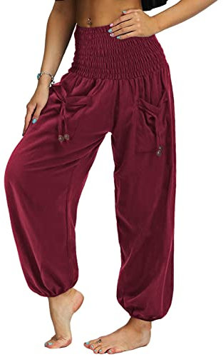 Nuofengkudu Damen Hippie High Waist Haremshose Leicht Pumphose Harem Hosen Locker Schlicht Baggy Boho Viskose Pluderhose Yoga Pants Sommerhose Freizeithose Pyjamahose Thaihose Homewear Rot L
