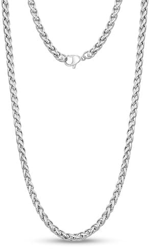 Cadoline Silver 316L Stainless Steel Necklace For Men Jewellery Wheat Braid Rope 3mm Chain 26 Inch
