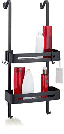 Relaxdays Duschablage zum Hängen, 2 Körbe, 8 Haken, Duschregal ohne Bohren, Aluminium, Shampoo Halterung Dusche, schwarz