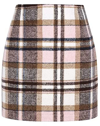 Kinghua Mini Jupe Crayon Moulante en Laine à Carreaux pour Femme Automne Hiver Taille Haute, Rose, Taille S