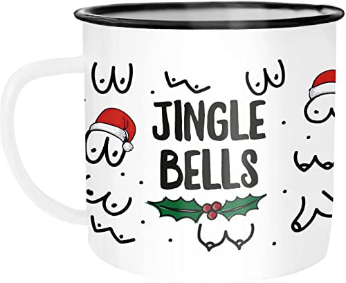 Moonworks® Emaille-Tasse Jingle Bells Brüste Muster Weihnachten Titten mit Weihnachtsmütze Bürotasse lustige Geschenke emaille-weiß-schwarz standard