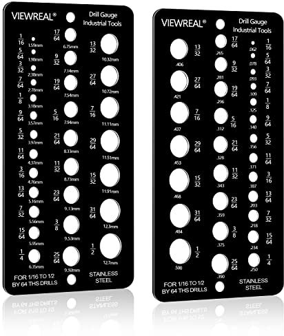 ViewReal 2 Pack Drill Bit Size Gauge, 29 Holes, 1/16 to 1/2 Inch, Stainless Steel, Black