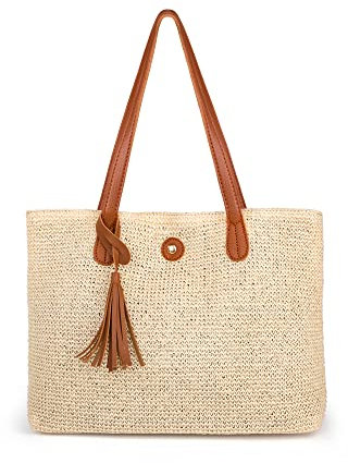 HOLEMZ Sac en Paille Sac de Plage D'été Bandoulière Portés Épaule Été Loisirs Grande Capacité Tote pour Voyage Vacance Femme Filles Usage Quotidien Extérieur Bohème Style avec Poignée en Cuir