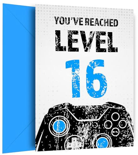 Gamer-Geburtstagskarte zum 16. Geburtstag für Jungen, Schwarz & Blau erreicht Stufe 16 Geburtstagskarten für Sohn, Urenkel, Neffe oder Bruder. Gaming Happy Birthday Karte für 16