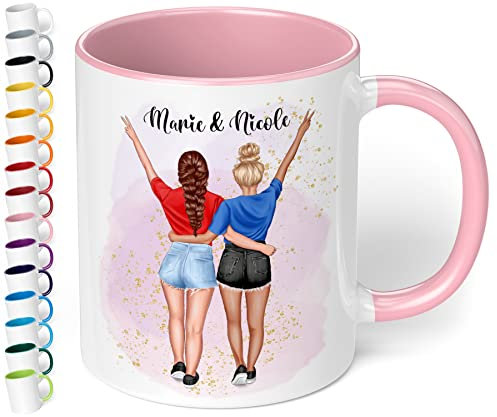 Tasse für beste Freundin „Freundinnen im Sommerlook“ – Kaffeetasse personalisiert mit Namen & Aussehen | BFF best friends | originelle Geschenke für BFF zum Geburtstag, Weihnachten (Rosa)