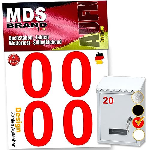 MDS Brand Zahlen Aufkleber 5cm Design Selbstklebende Klebezahlen | Vinyl Hausnummern zum Aufkleben für Briefkasten, Mülltonnen, Hausnummer für Außen & Innen (Rot, 0)