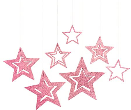 Yurosiay Glitzer Sterne zum Aufhängen 7er Set Aushöhlen Glitzernder Papiersterne Deko Groß Hängedeko Stern Weihnachtsdeko Stern Sterne Aufhängen für Hochzeit Party Christbaum Deko Rosa