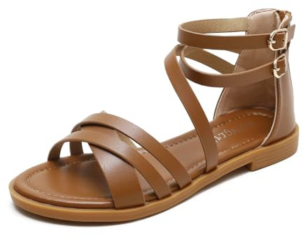AUXDIQ Donna Sandali piatti Strappy Sandali con cinturino alla caviglia Tacco basso Sandali estivi romani regolabili marrone 41 EU