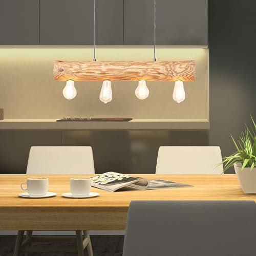 Lightbox 4 flammige Hängelampe - höhenverstellbare Boho Pendelleuchte - 105 x 70 x 10 cm - E27 Fassung - max. 25 W - aus Holz/Metall - in gebeiztem Kiefer/Braun