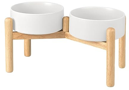 SPUNKYJUNKY Gamelle en céramique pour Chien, gamelle surélevée, gamelle d'eau avec Support en Bambou pour Chiens de Taille Moyenne et Grande (1800 ML, Blanc)