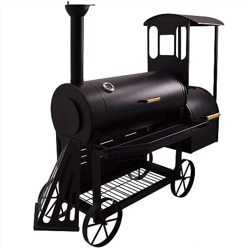Syntrox Smoker Flustra, Lokomotive mit Räucherofen, BBQ-Grill, Multifunktionaler Räucherofen, Feuerschutzlakiert, Holzgriffe, Holzkohlegrill, Grillwagen, Räucherkammer und Grillkammer