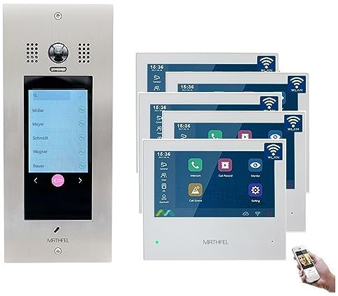 Mathfel 2 Draht Bus Türsprechanlage 1 bis 20 Familienhaus, RFID und Code Zutrittskontrolle, Frontplatte aus Edelstahl und 5 Zoll Touch Display, Monitor Touch Bedienung mit WLAN, Größe: 5 Familienhaus