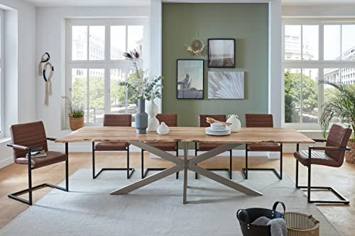SAM Baumkantentisch 240 x 100 cm Clara, Akazienholz naturfarben & massiv, Esstisch mit silbernem Spider-Metallgestell, Tischplatte 26 mm, Esszimmertisch