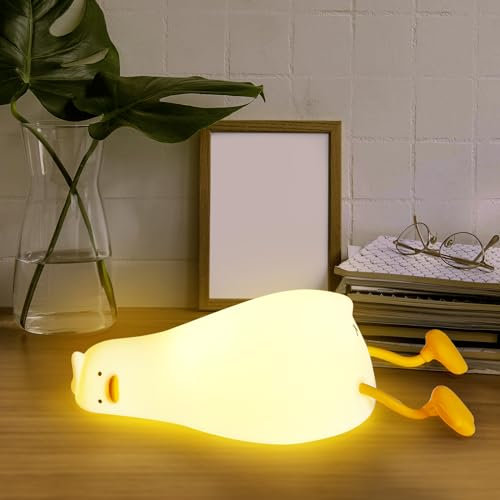 Lying Flat Duck Night Light,Dimmable Nursery Squishy Nightlight,Cute LED Silicone Duck Lamp,Rechargeable Bedside Touch Lamp for Breastfeeding Toddler Baby Kids Decor,Birthday Christmas Gifts