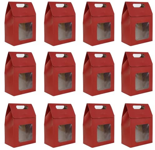 Fayemint 12 Stück Kraftpapier Verpackungsbeutel, 10 x 6 x 15cm, Geschenktüte mit Fenster, Rot Kraftpapiertüten, für Verpacken von Bankettgeschenken, Süßigkeiten und Keksen (Rot)