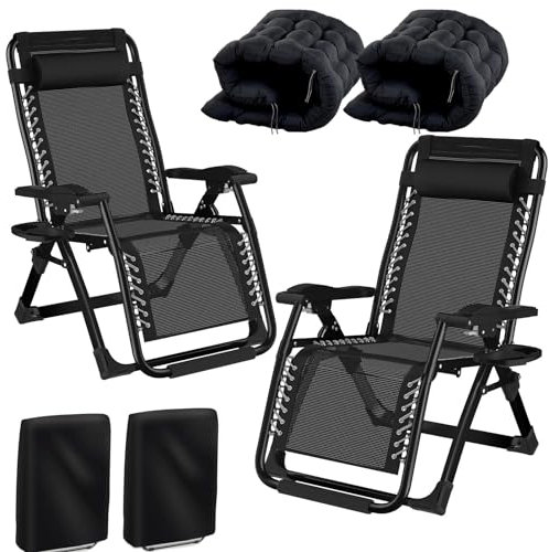 Fiutazge 2Pcs Chaise Longue Jardin Exterieur, Chaise de Jardin avec Coussin Rembourré,Porte-Boisson,Repose-tête,Housse de Transat,Fauteuil Salon Relax pour Patio,Plage,Piscine-Noir