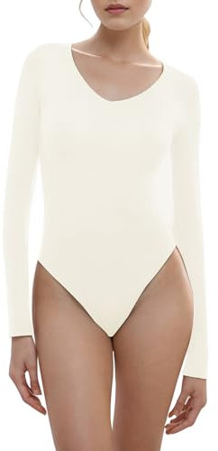 LuFeng Sexy Yoga-Body für Damen, schmale Passform, lange Ärmel, tiefer V-Ausschnitt, enges Oberteil, Beige, S