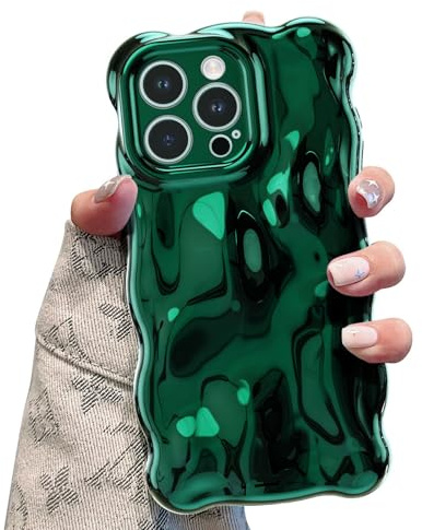 UEEBAI Case for iPhone 15 Pro Max, Cute Solid Color Curly Wave Shape Shockproof Soft TPU Bumper Phone Case, Candy Water Ripple 3D Silicone Slim Pretty Case Non-yellowing Cover-Deep Green