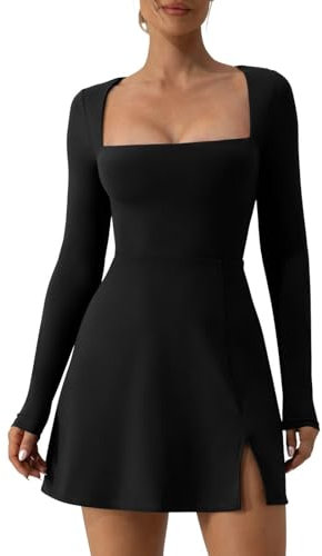 Qianderer Womens Square Neck Bodice Dress Long Sleeve Side Slit A-Line Flare Mini Dresses Cocktail Party Club Dress (Black, S)