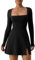Qianderer Womens Square Neck Bodice Dress Long Sleeve Side Slit A-Line Flare Mini Dresses Cocktail Party Club Dress (Black, S)