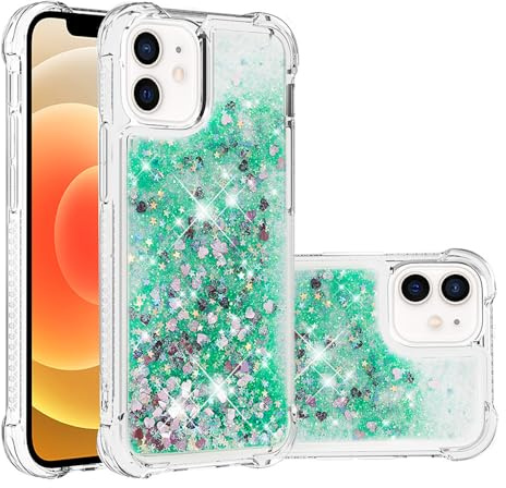 SIYOPINPFY Compatible With iPhone 12 Case, iPhone 12 Case 2020 Glitter Bling Sparkle for Women Girls Liquid Floating Quicksand Cover Shockproof Compatible With iPhone 12 Pro - Star Love Green YB