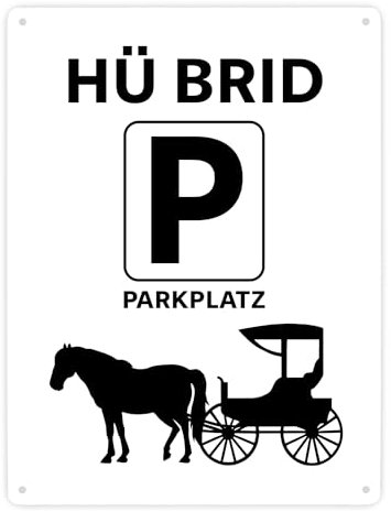 Pferd mit Kutsche Metallschild XXL in 28x38 cm mit Spruch Hü brid Hybrid Fahrzeug Deko für Garage Parkplatz oder Männerhöhle - Ideal für Auto-Fans und Parken-Konzept