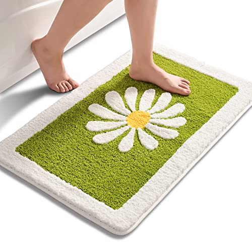 Tapis de Salle de Bain Tapis de Salle de Bain Vert Marguerite Tapis de Bain à Fleurs Blanches Tapis de Baignoire Absorbant et Lavable à Fleurs pour entrée de Baignoire-Douche 20 ×