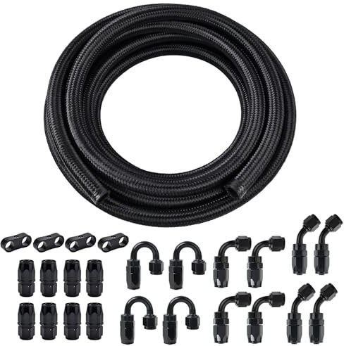 EVIL ENERGY 6AN Kraftstoffleitungs-Set, 90 m, AN6 geflochtenes Nylon-Kraftstoffleitungsschlauch-Armaturen-Set, CPE 6AN Schlauch, 90 m, Schwarz
