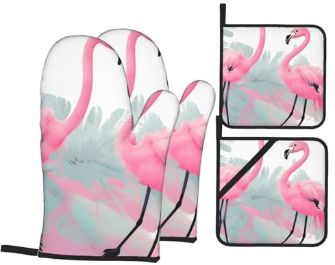 Juego de guantes de horno y soportes para ollas de flamenco rosa para máxima seguridad y comodidad en la cocina, 4 juegos