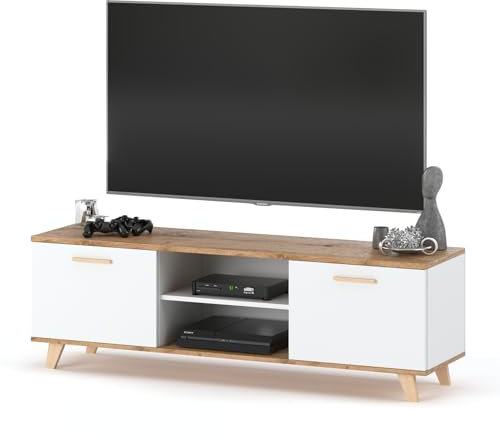 MartHome Moderne TV-Schrank in Arktis Weiß und Wotan-Eiche, Skandinavisches Design, Freistehend – Robuste TV-Bank mit Holzbeinen, 138 cm Breit, Multifunktional mit Stauraum für Wohnzimmer