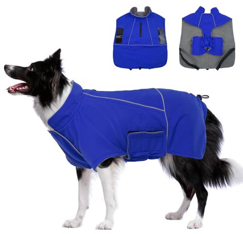 Katzinst Regenmantel Hunde,Hundejacke Winter Warmer Hunderegenmantel für Große Hunde,Hundemantel Wasserdicht, HundeKleidung Reflektierender Streifen Blau 2XL